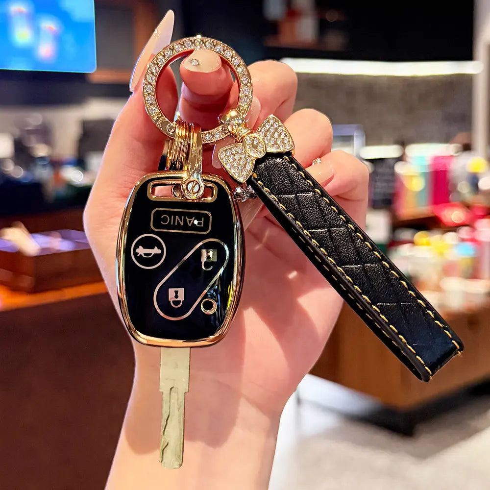 Key Fob Cover for Honda with Leather Keychain, Premium TPU Key Case Compatible with 2003-2015 Hond a Accord Crosstour Civic EX CR-V Pilot Element Remote Smart Car Key Protector，Straight key cover
