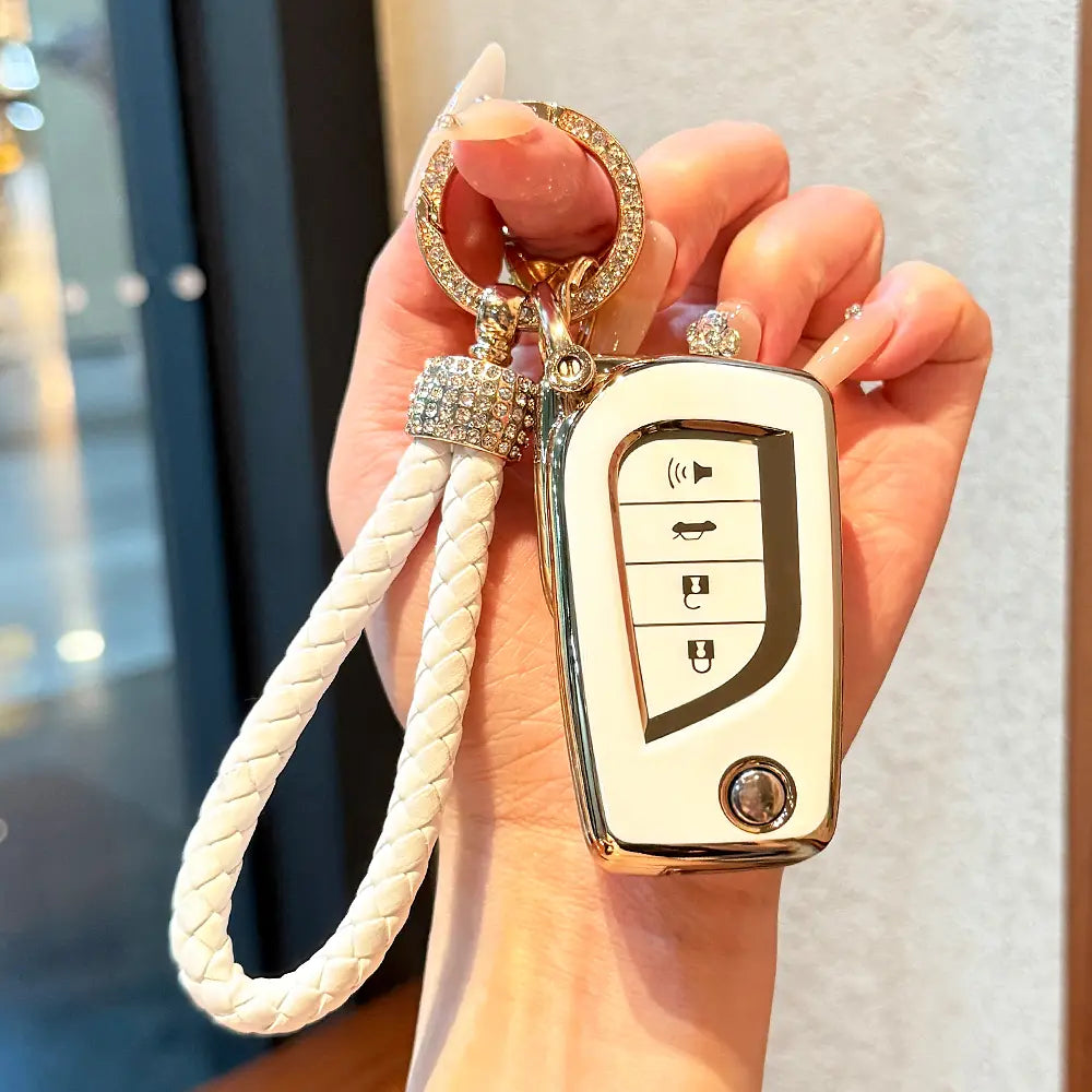 Flip Key Fob Cover for Toyota Fortuner Tundra Camry RAV4 Highlander Challenger, Soft TPU Car Key Shell Case with Keychain, 4 Button, Foldable type, keyless ejection type, and insertable start type