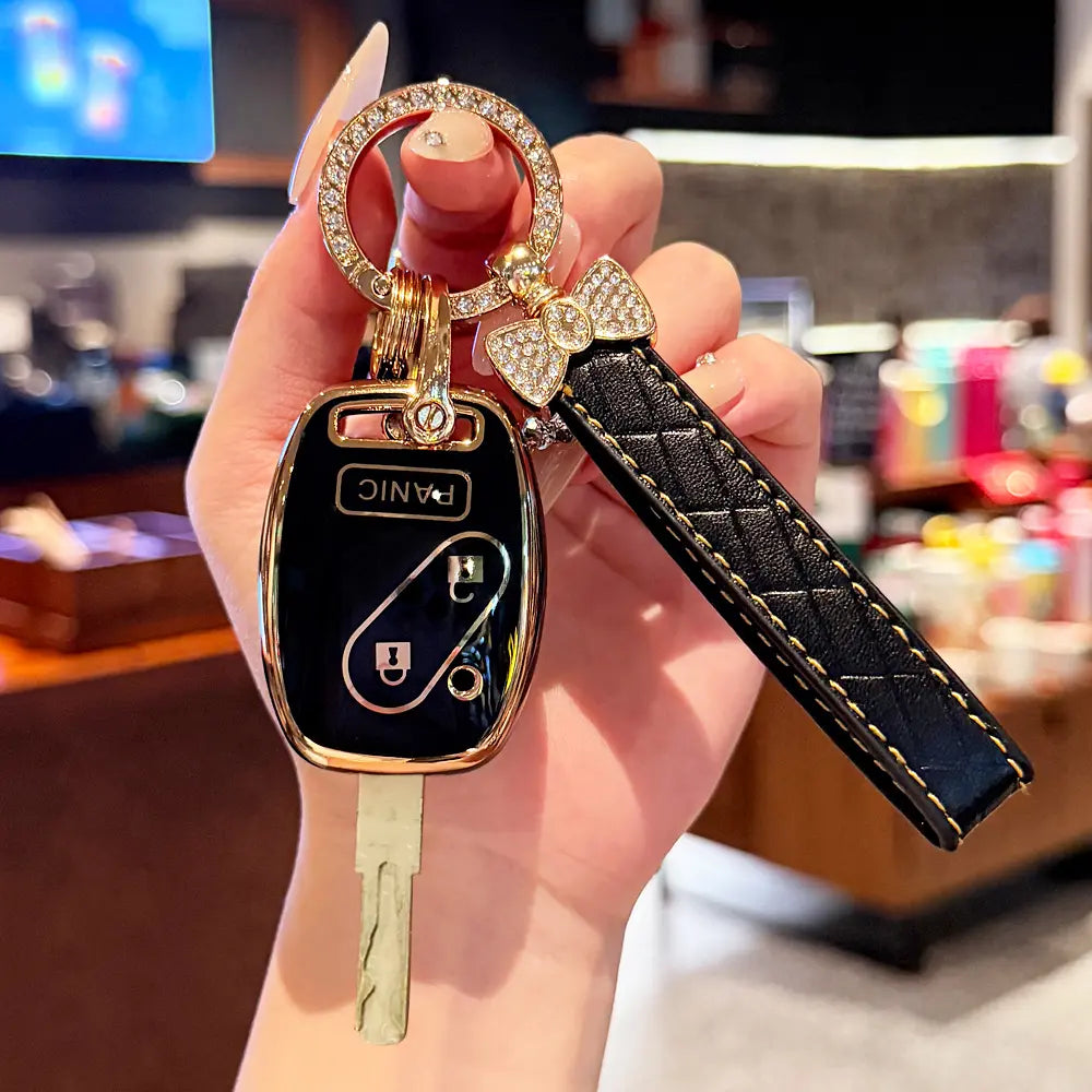 Key Fob Cover for Honda with Leather Keychain, Premium TPU Key Case Compatible with 2003-2015 Hond a Accord Crosstour Civic EX CR-V Pilot Element Remote Smart Car Key Protector，Straight key cover