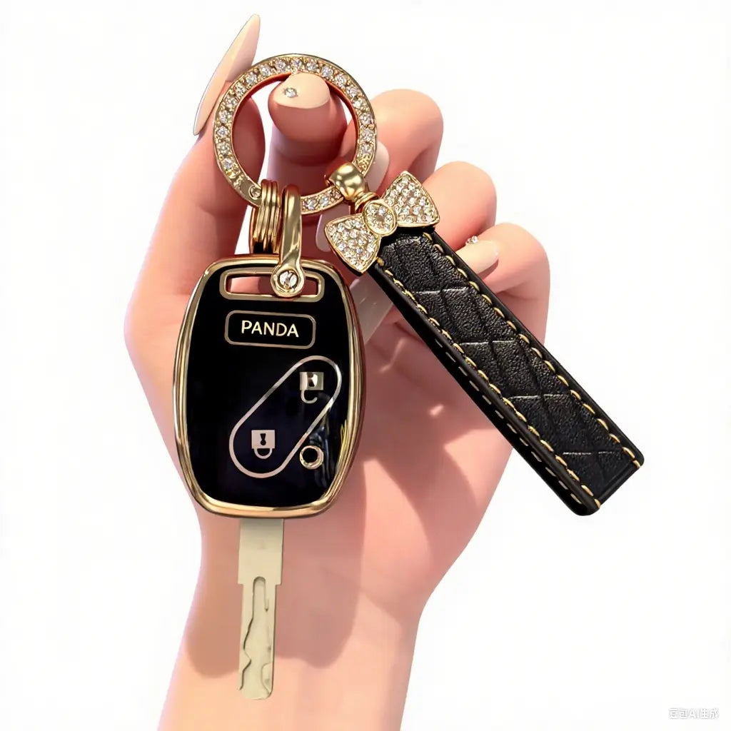 Key Fob Cover for Honda with Leather Keychain, Premium TPU Key Case Compatible with 2003-2015 Hond a Accord Crosstour Civic EX CR-V Pilot Element Remote Smart Car Key Protector，Straight key cover