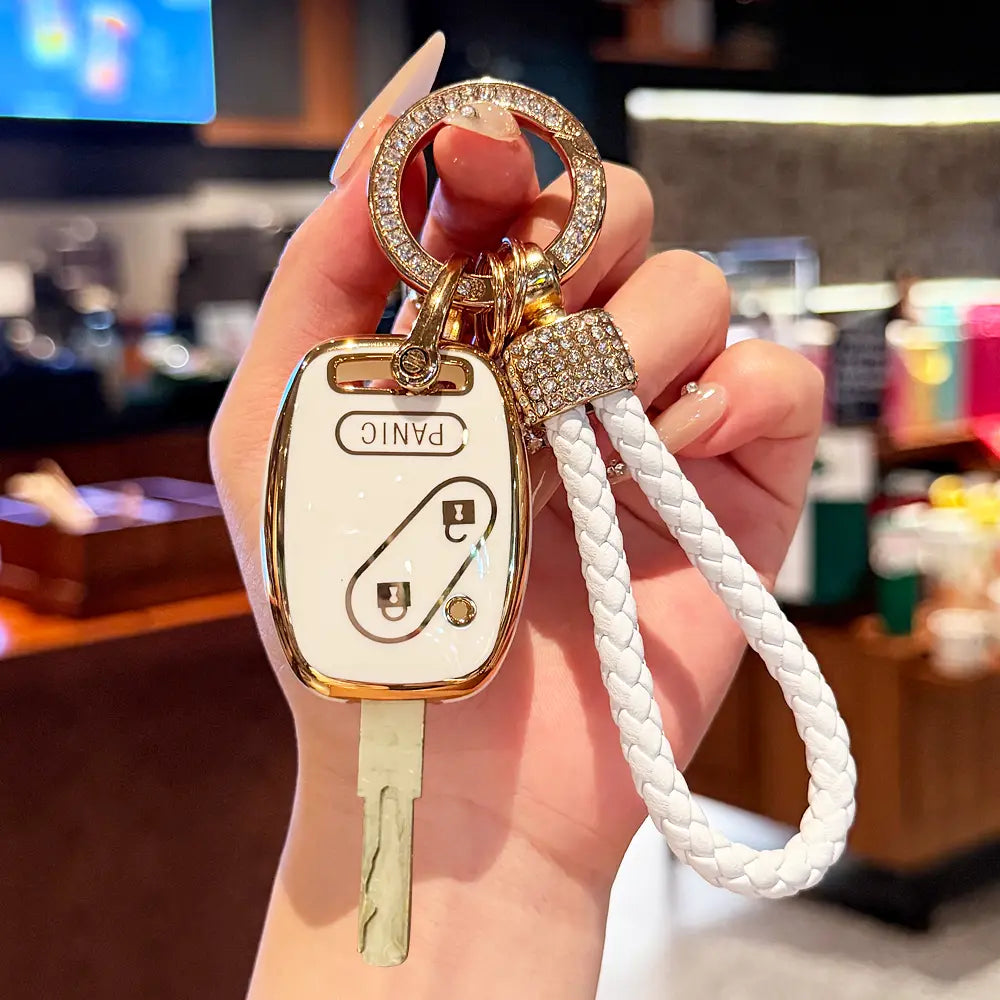 Key Fob Cover for Honda with Leather Keychain, Premium TPU Key Case Compatible with 2003-2015 Hond a Accord Crosstour Civic EX CR-V Pilot Element Remote Smart Car Key Protector，Straight key cover