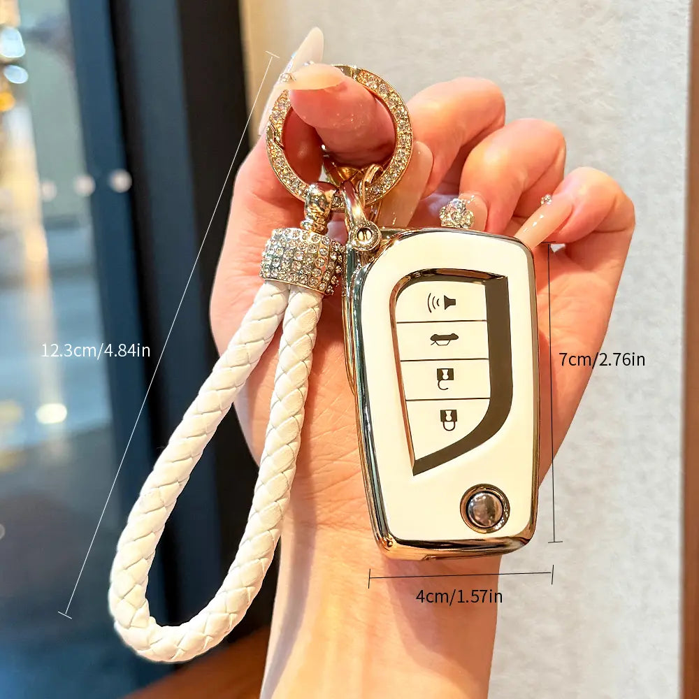 Flip Key Fob Cover for Toyota Fortuner Tundra Camry RAV4 Highlander Challenger, Soft TPU Car Key Shell Case with Keychain, 4 Button, Foldable type, keyless ejection type, and insertable start type